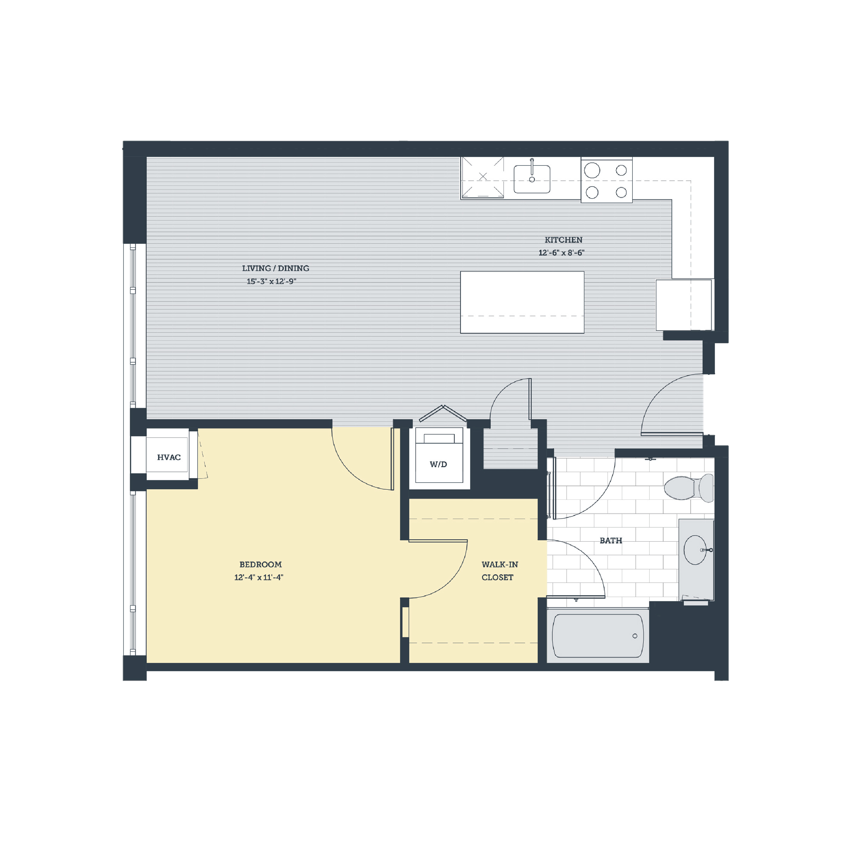 Floor plan for 1 bed, 1 bath, 726 sqft